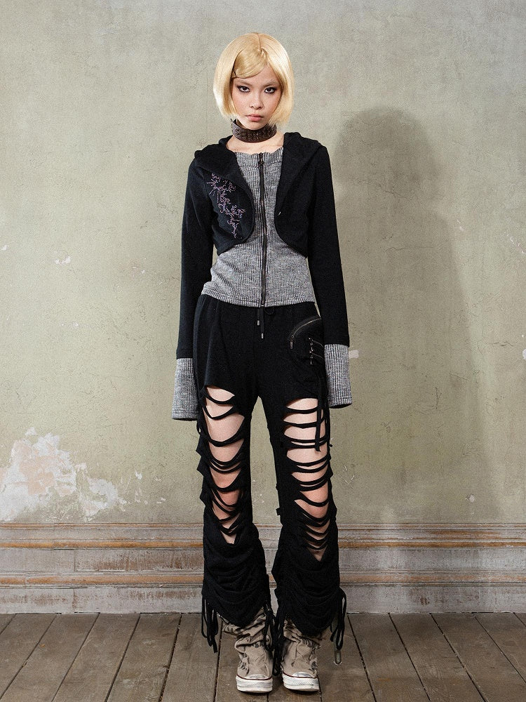 Punk Hem Hoodie Gray Knit Rhinestone Cuffs Black Y2K with Totem Jacket