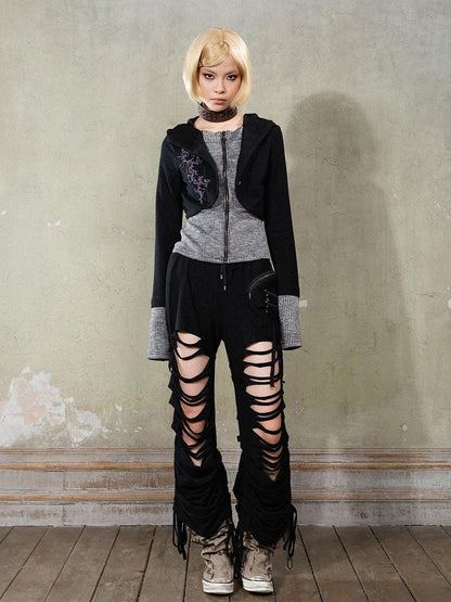 Punk Hem Hoodie Gray Knit Rhinestone Cuffs Black Y2K with Totem Jacket