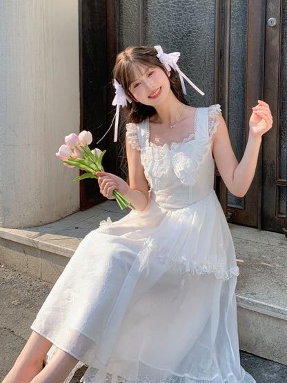 Mesh Overlay Detail with Sweet Dress White Flutter Sleeves Butterfly Neckline