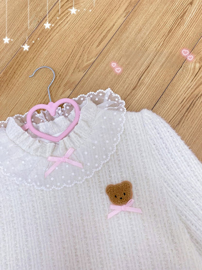 Fleece Lining Beige Sweater with Lace Trim and Bear Patch