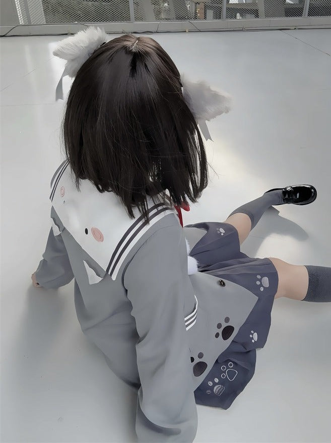 Gray Sailor Collar Top with Wolf Ears and Pom Poms - To Alice