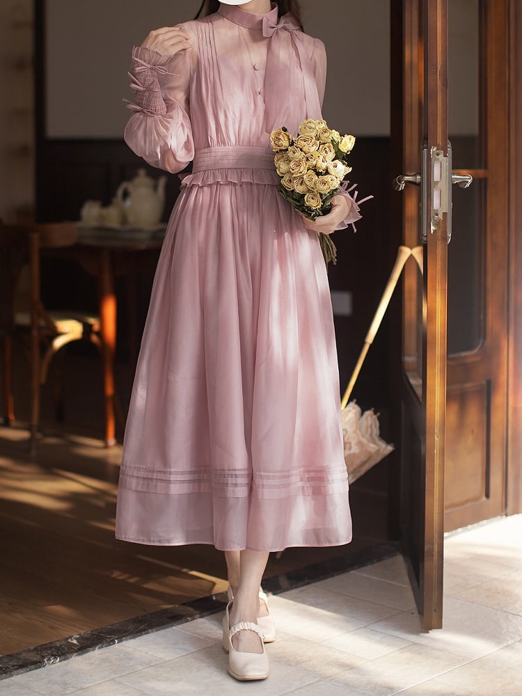 Manschetten Elastisches Mesh-Kleid Altrosa Elegante Details mit Bischofsärmeln Schleife