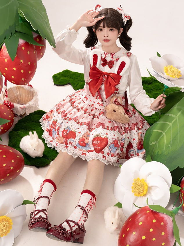 Weißes Lolita-Langarmhemd mit Erdbeer-Peter-Pan-Kragen