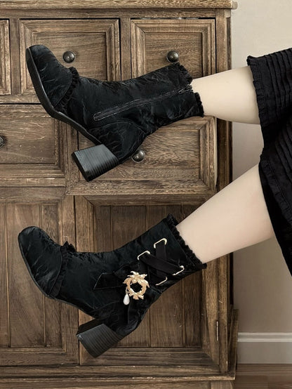 Details - Black Mid-heel the Valley Boots Lily of Trim Bow with Ruffle Detachable Crisscross