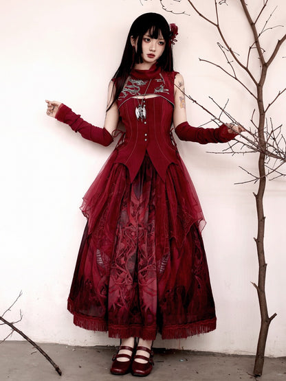 Red Gothic Dragon Embroidery Sleeveless Top Cutout Detail