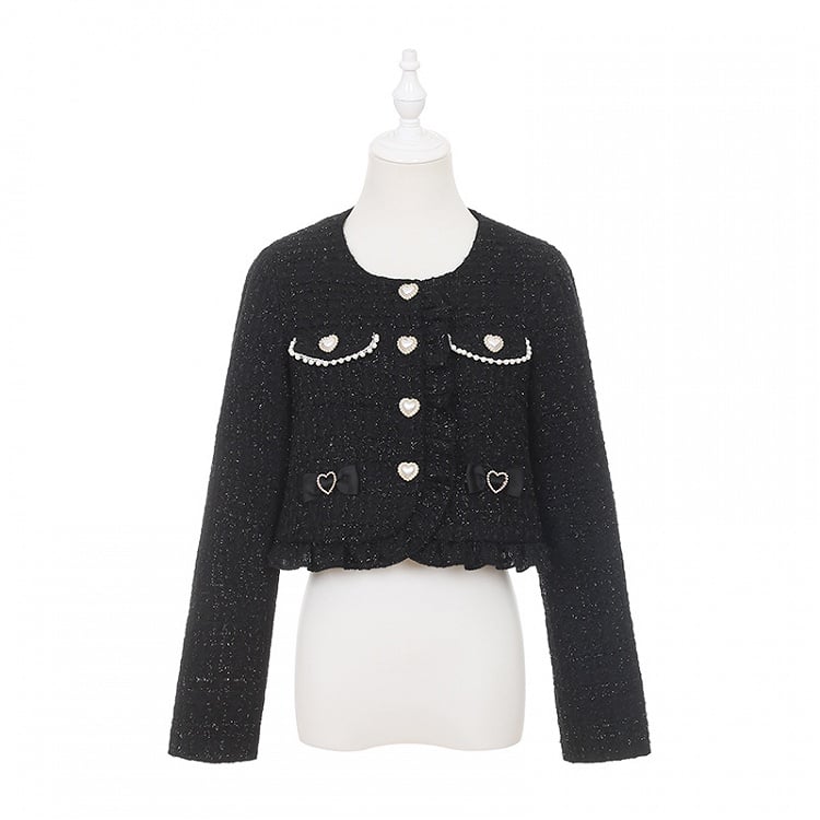 Jirai Jacket with Crop Kei Bow Heart and Accents Tweed Black Buttons