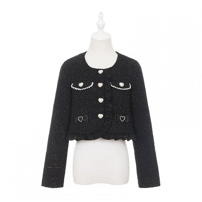 Jirai Jacket with Crop Kei Bow Heart and Accents Tweed Black Buttons