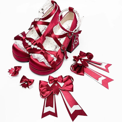 Bow Heel - Heart Satin with in High Janes Red Themed Accents Sakura Snap Block Mary
