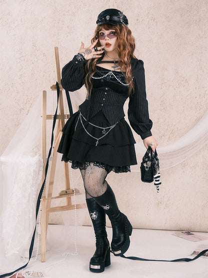 Skirt Size Embroidered Y2K Floral Trim Tiered Lace with Striped Gothic Black Plus