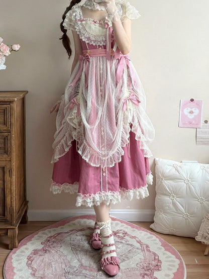 Elegant Bow Lolita Version with Dress Classic Details Lace and Long Pink Rose