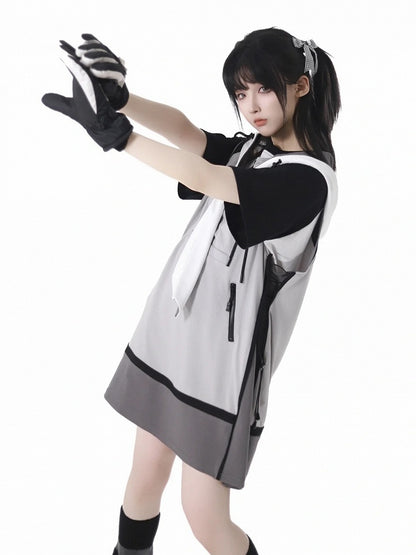 ドレスサイドテックウェアフード付きベストグレーカラーブロックデザインドローストリング