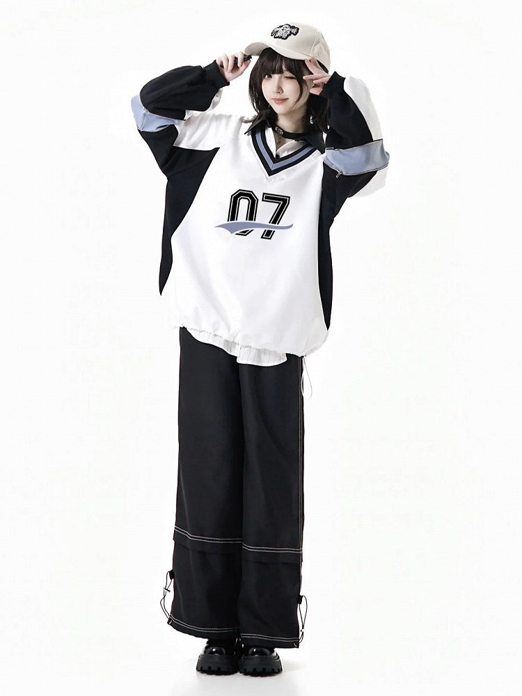 Front Sweatshirt with White Bow V-Neck Numeric Design Regular/Back Baseball-Style