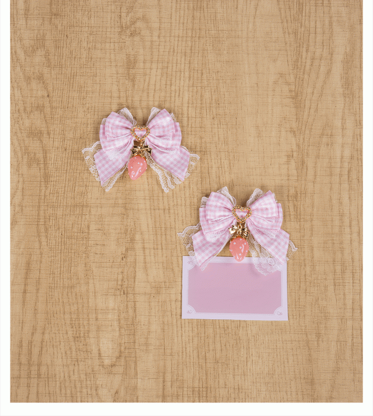 Lolita Sweet Bowknot Kei Plaid with Charm Red/Pink/Black Strawberry Hairclips Jirai - Style