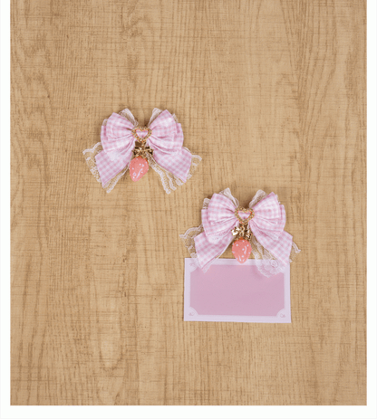 Lolita Sweet Bowknot Kei Plaid with Charm Red/Pink/Black Strawberry Hairclips Jirai - Style