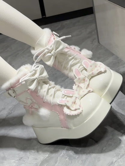 Theme Heart White Lining Buckle Bunny - Ankle Plush Boots Lolita Platform with Sweet