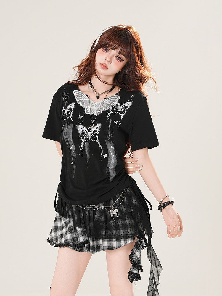 T-Shirt Black Butterfly Print with