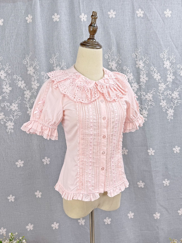 Pink Sweet Lolita Short Sleeve Cotton Blouse Bow Summer
