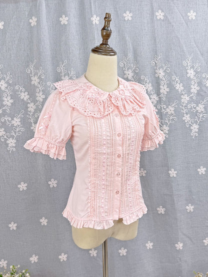 Pink Sweet Lolita Short Sleeve Cotton Blouse Bow Summer