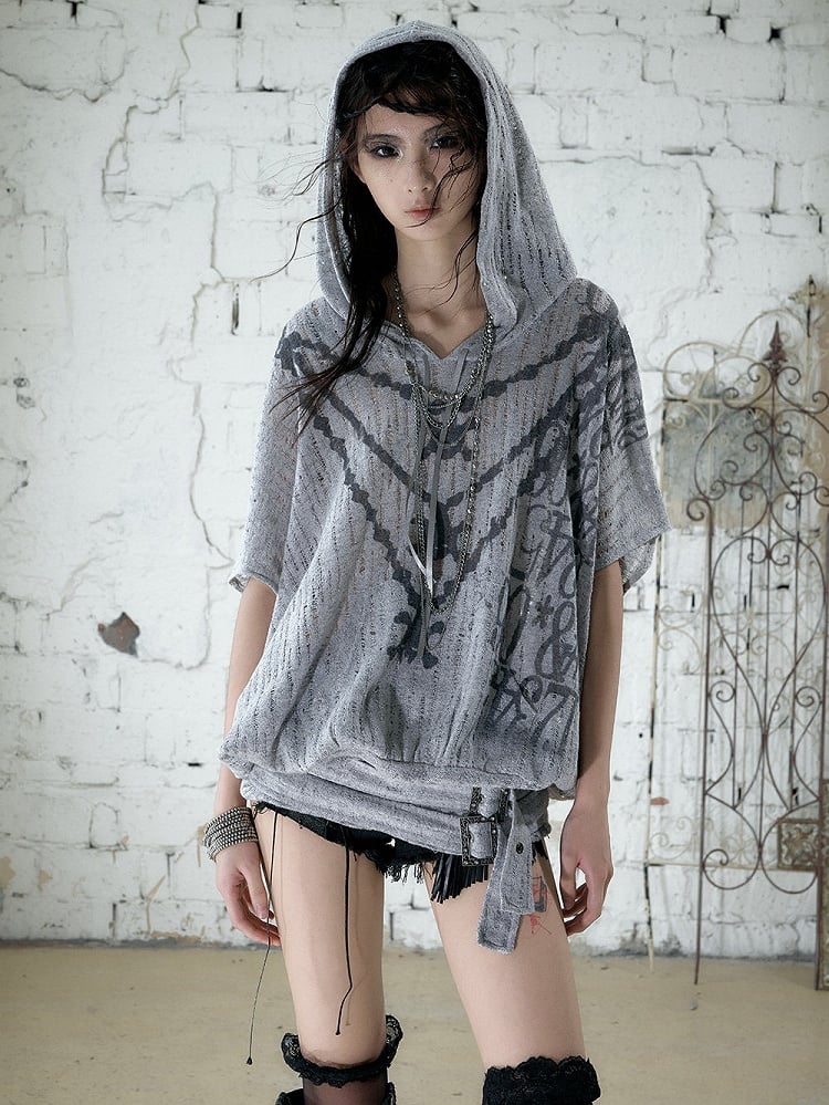 Dusty Blue Distressed Hooded Batwing Knit Top - NO ROMANCE