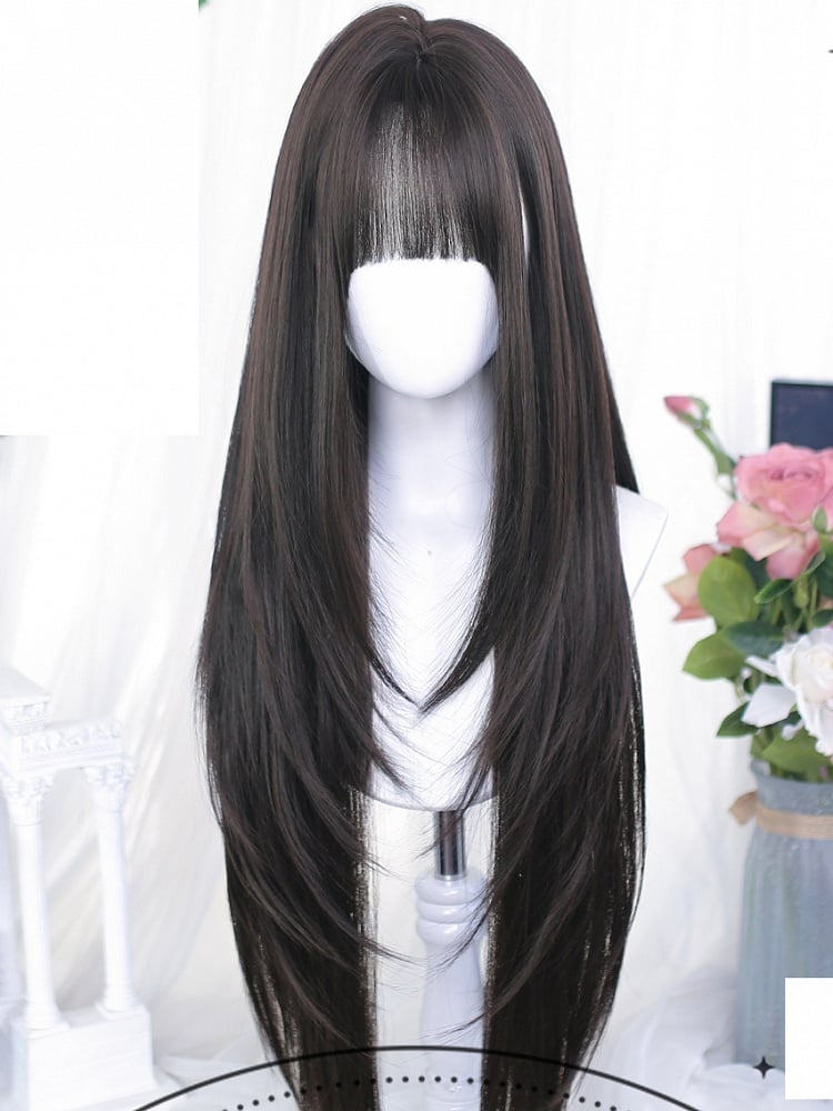 Mit glatten 75-80 cm langen Perücken, braunschwarz/dunklem Air-Pony