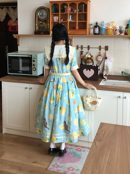 Blue Sailor Collar Floral Print High Waist Dress with Cat Motif - Cutey Mask