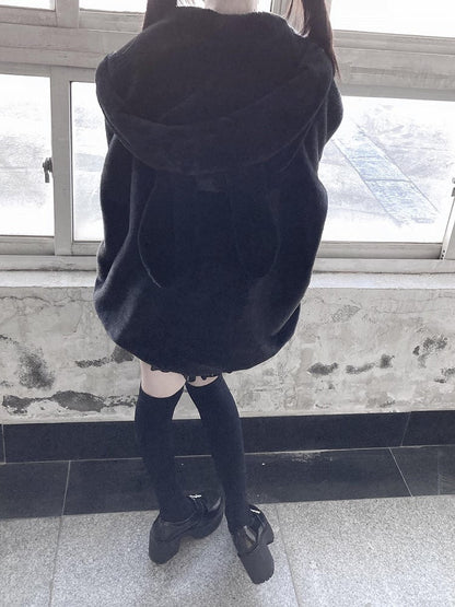 Style Lace-Up Plush Kei Hood Coat Coat: Front Bow Jirai Black with Full-Zip Bunny-Ear