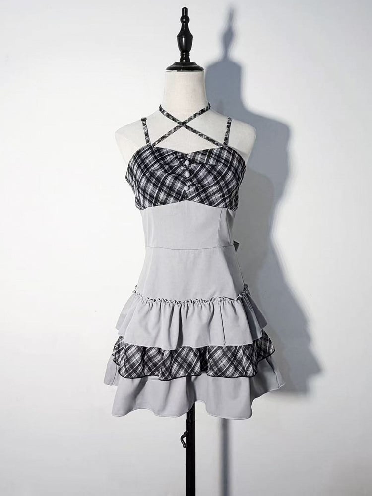 Gray Jirai-kei Plaid Halter Tiered Ruffle Dress with Black Knit Cardigan Set - GingaU