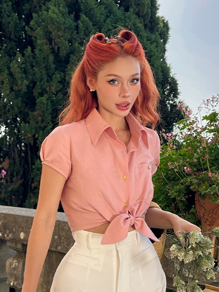 Vintage Pinkes Crop Top mit selbstbindenden Trägern