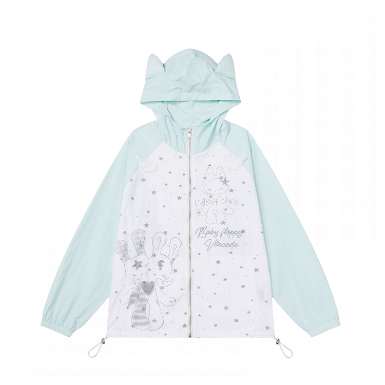 デザインフードイヤーキティカラーブロックジップアップジャケットカートゥーンプリントブラック/グリーン