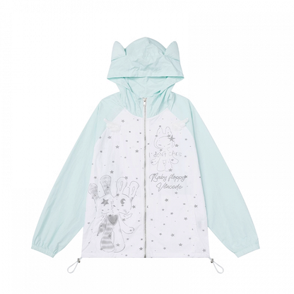 デザインフードイヤーキティカラーブロックジップアップジャケットカートゥーンプリントブラック/グリーン