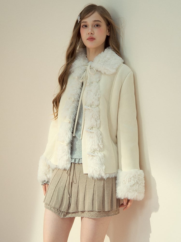 Fur Jacket Toggle with Beige Collar Vintage Button