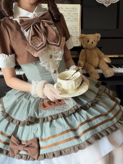 Green and Brown Preppy Striped Two-Piece Gown with Crown Embroidery - Fairy Faith