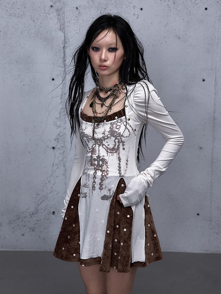 Cross with Brown Punk Vintage Subtle Dress Print Chain Sleeves Beige Puff