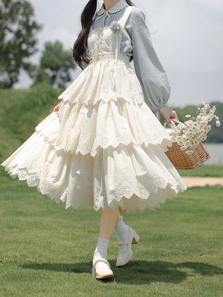 Lace-up White Cottagecore High Waist Overall Dress Tiered Skirt