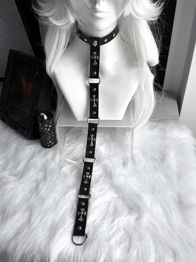 Chain Choker Punk Black/Red PU Cross Embellished Stud and