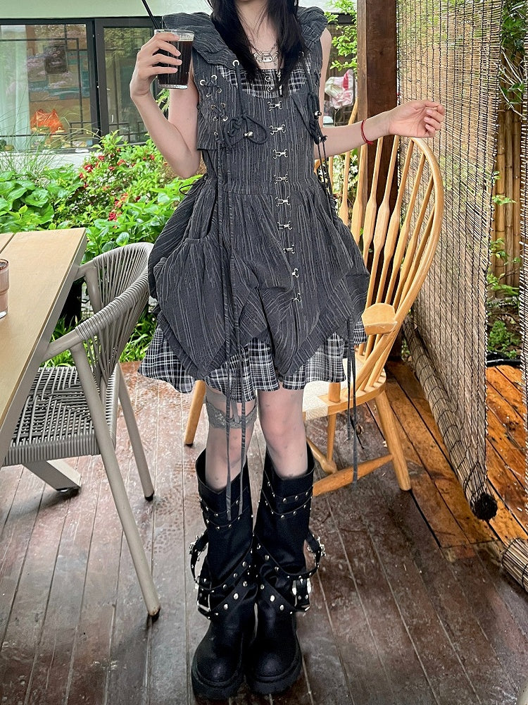 Dark Gray Plaid Fake Two-Piece Sleeveless Bubble Dress - Blazed Field