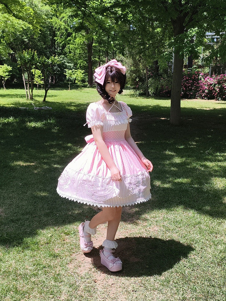 Polka Dot & Striped Pink Lolita Short Sleeve Dress with Poodle Patch - Infanta