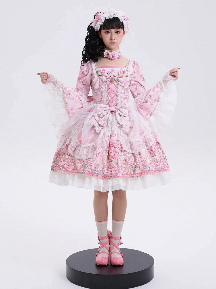 Rosafarbenes Lolita-Kleid mit Rosettendruck, inspiriert von der Rokoko-Mode, quadratischer Ausschnitt, Glockenärmel, OP/komplettes Set