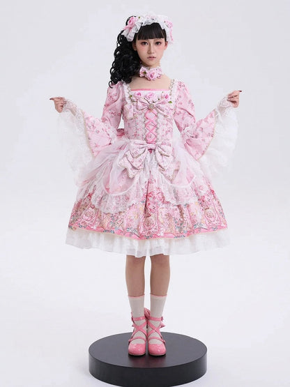 Rosafarbenes Lolita-Kleid mit Rosettendruck, inspiriert von der Rokoko-Mode, quadratischer Ausschnitt, Glockenärmel, OP/komplettes Set