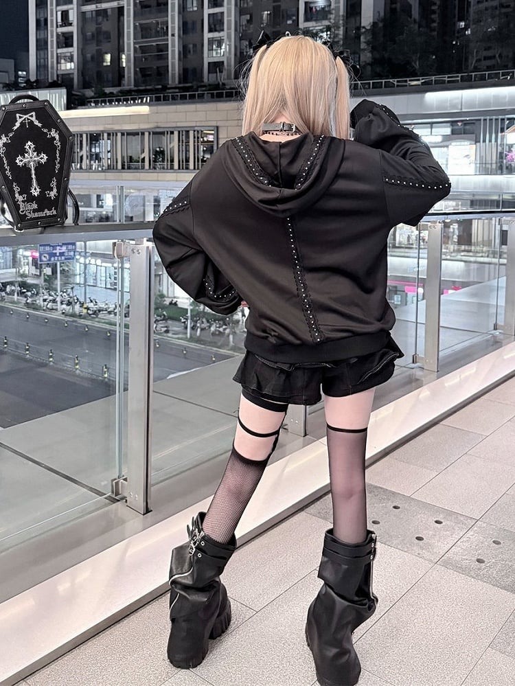 Distressed Black Thorn Graphic Jirai-Kei Hooded Jacket with Stud Accents - Puppet Bombs