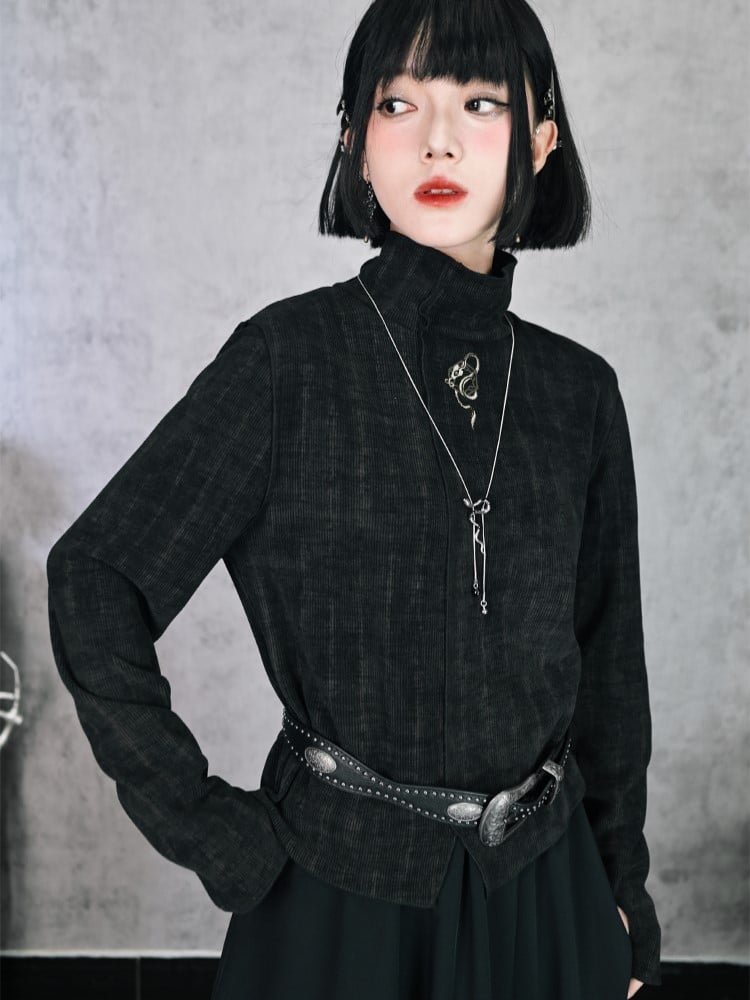 Cheongsam Collar Cuff Dye with High Snake Gradient Thumbhole Top Embroidery Black