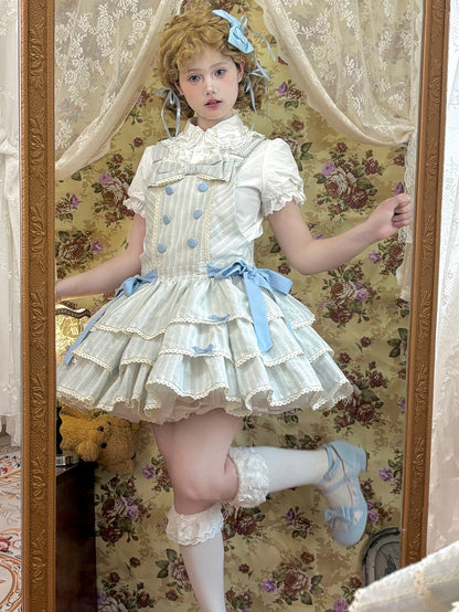 Sweet Ruffle Layered Striped Dress Bow with Accents Overall Blue Lolita