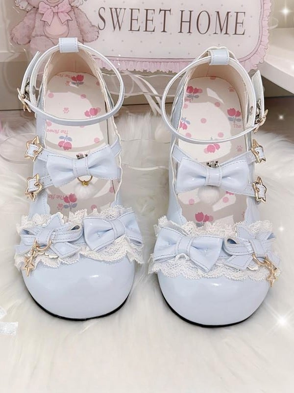 Heels Sweet Lace Mid Blue Delicate Leather - PU with Lolita