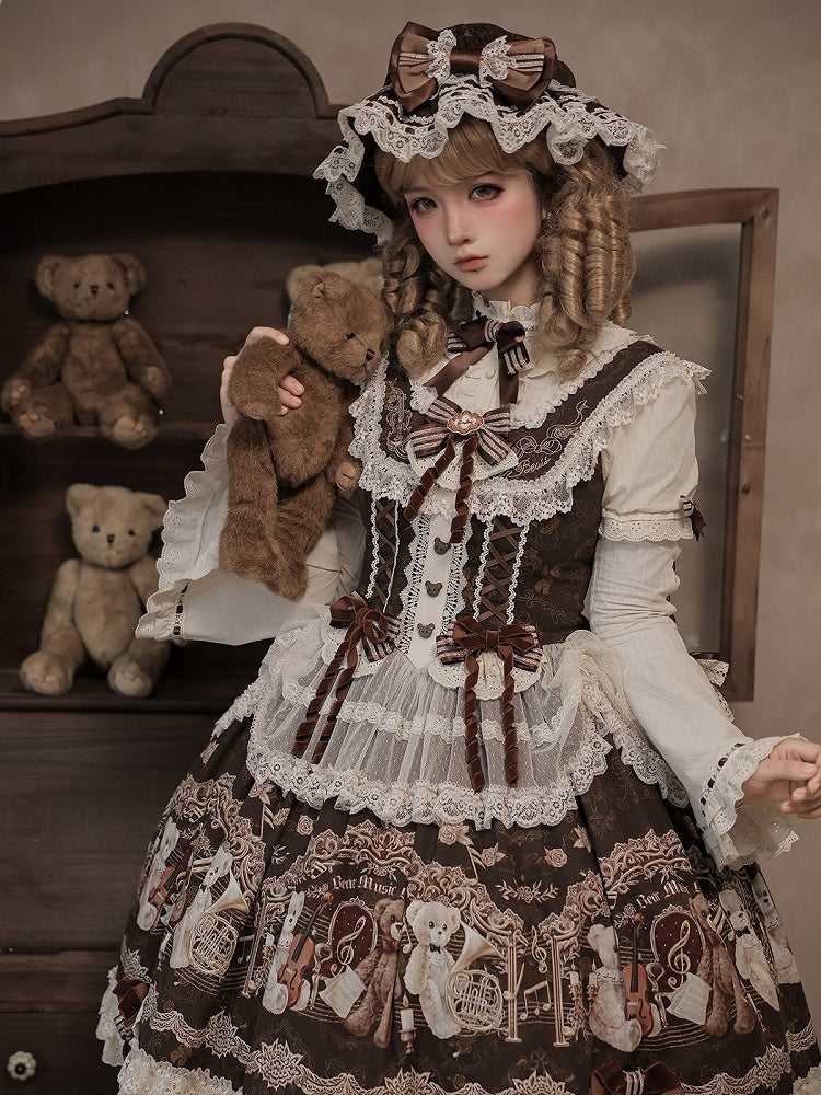 Vintage Brown Bear Symphony Theme Lolita JSK with Bow & Lace Accents - Twin Bear Original Design