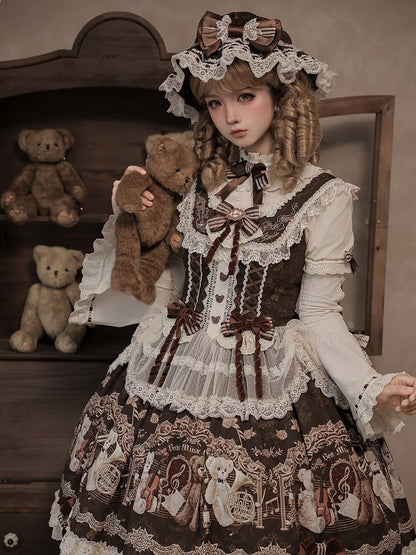 Vintage Brown Bear Symphony Theme Lolita JSK with Bow & Lace Accents - Twin Bear Original Design
