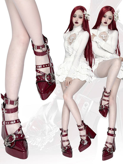 Gothic Weinrot Kreuz Herz Schnalle Riemen Nieten Plateau High Block Heels