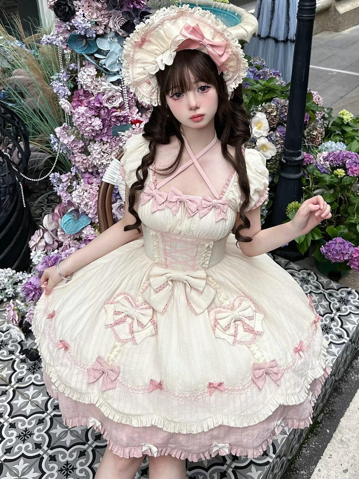 Süßes Lolita-Kleid mit alten rosa Details und einteiligen Schleifen für die Schule, hellgelbe kurze Ärmel