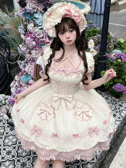 Süßes Lolita-Kleid mit alten rosa Details und einteiligen Schleifen für die Schule, hellgelbe kurze Ärmel
