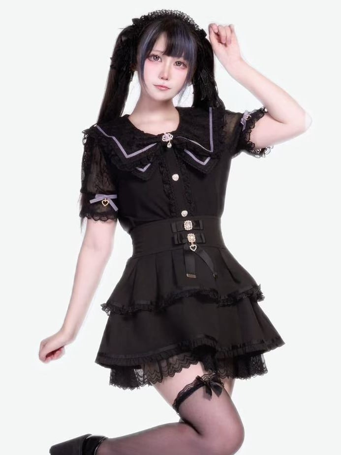 Black Kei Collar Blouse Bowknot with Jirai