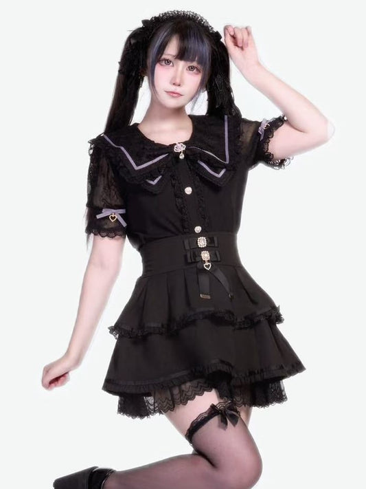 Black Kei Collar Blouse Bowknot with Jirai